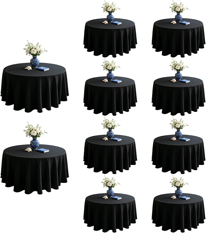 WIGENIUS 10 Pack Black Table Cloth Round Tablecloths 90 Inch,Polyester Table Cloth for 5 Foot Round Tables,Wrinkle Resistant Washable Fabric Table Covers for Party,Wedding Banquet