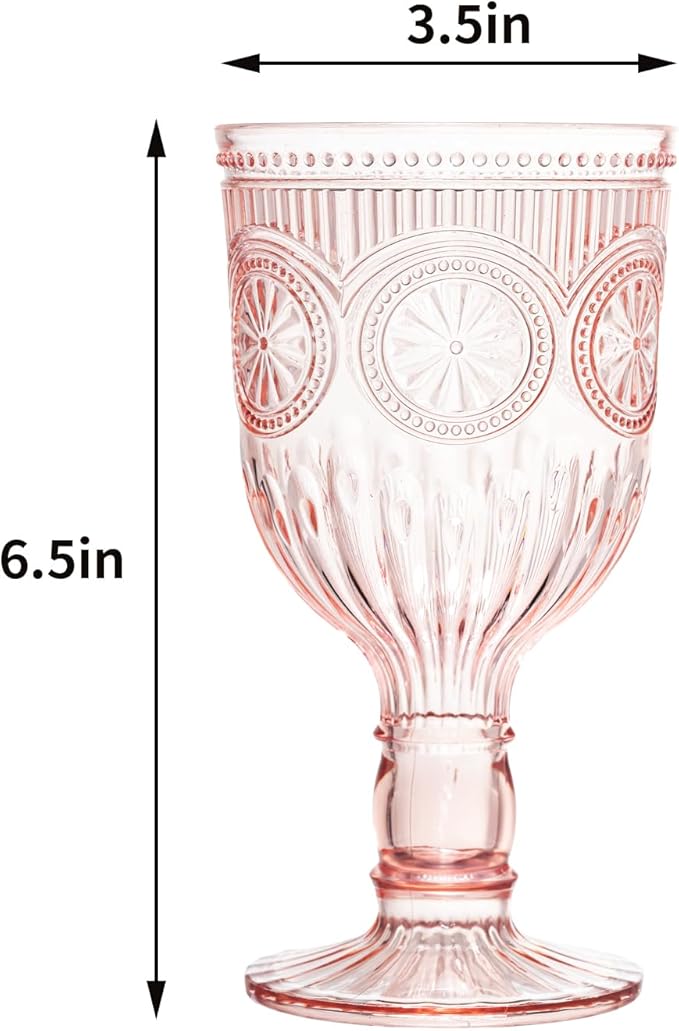 Pink 12 Pack Vintage Wine Glasses, Plastic Reusable 12 Ounce Colored Water Goblets, Unique Flower Embossed Pattern Unbreakable Stemmed Wine Glasses High Clear Wedding Party Bar Drinking Cups