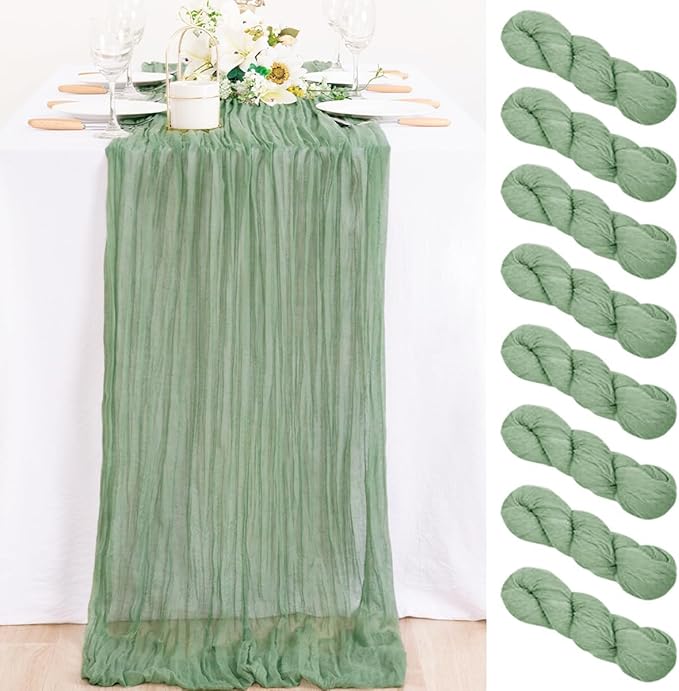 MLMC 8 Pack Sage Green Table Runner 10ft Rustic Gauze Spring Cheesecloth Table Runner 35x120 Inches Cheese Cloth for Boho Wedding Bridal Shower Centerpiece Decor