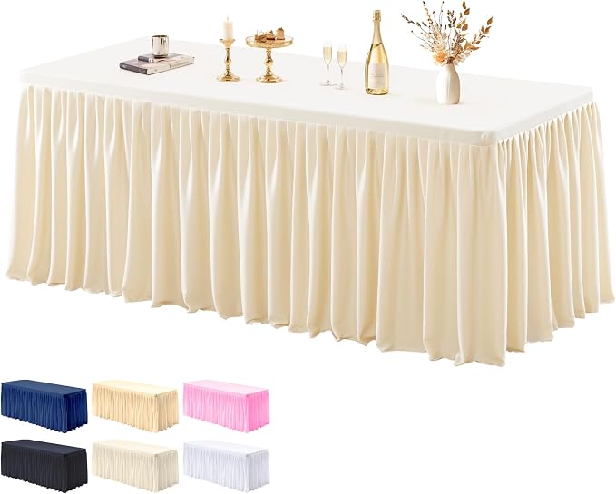 1 Pack Champagne Tablecloths for Rectangle Tables 6ft, Wrinkle Resistant Spandex Tablecover Fitted Stretch Table Cloth with Pleated Ruffle Table Skirts for Party Banquet Dining Birthday Wedding