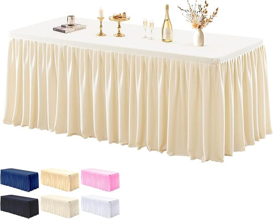 1 Pack Champagne Tablecloths for Rectangle Tables 8ft, Wrinkle Resistant Spandex Tablecover Fitted Stretch Table Cloth with Pleated Ruffle Table Skirts for Party Banquet Dining Birthday Wedding