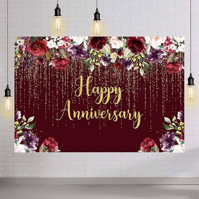 AIBIIN 8x6ft Happy Anniversary Backdrop Gold Glitter Burgundy Wedding Anniversary Photography Background Couple Wedding Women Birthday Floral Party Decorations Cake Smash Decor Studio Photo Backdrop