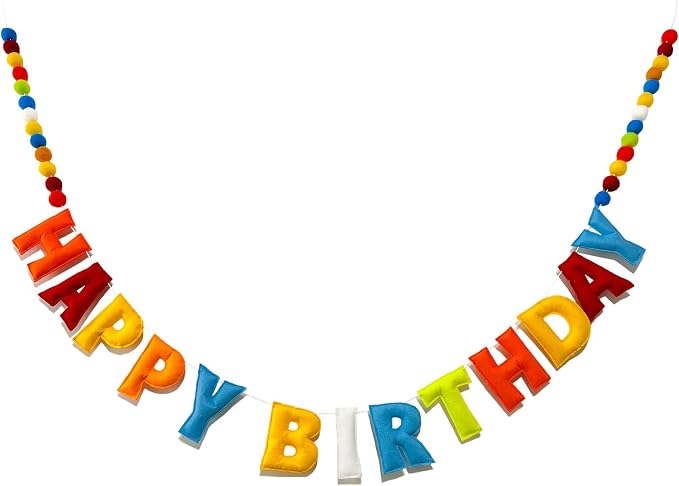 Pre-Strung Happy Birthday Banner - Felt Ball Garland, Rainbow Party Decorations, HAPPY BIRTHDAY Garland, Personalized Birthday Sign for Birthday Decor, Party Decor, Photo Prop (Rainbow-Colored Happy Birthday Banner)