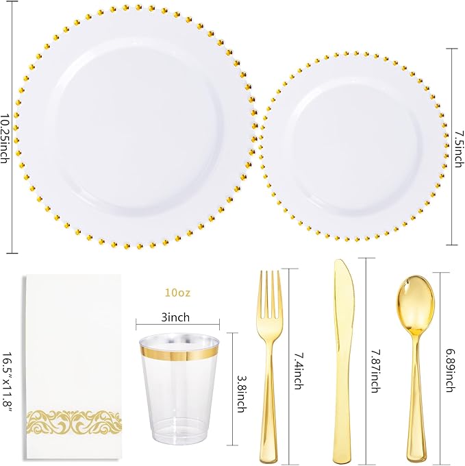 LIYH 350 Pcs White and Gold Plastic Plates - Elegant Disposable Gold Plastic Dinnerware Set Include Dinner & Dessert Plates Cups Napkins for Birthday Party Wedding