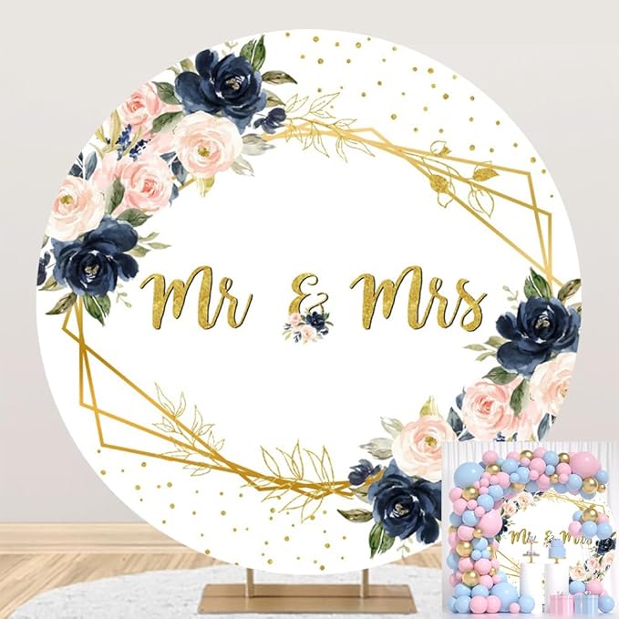 Miss to Mrs Round Backdrop 5ft Gold Pink Floral Bridal Shower Background Couples Engagement Wedding Ceremony Bride and Groom Anniversary Supplies Photo Booth Props 7.5x7.5ft
