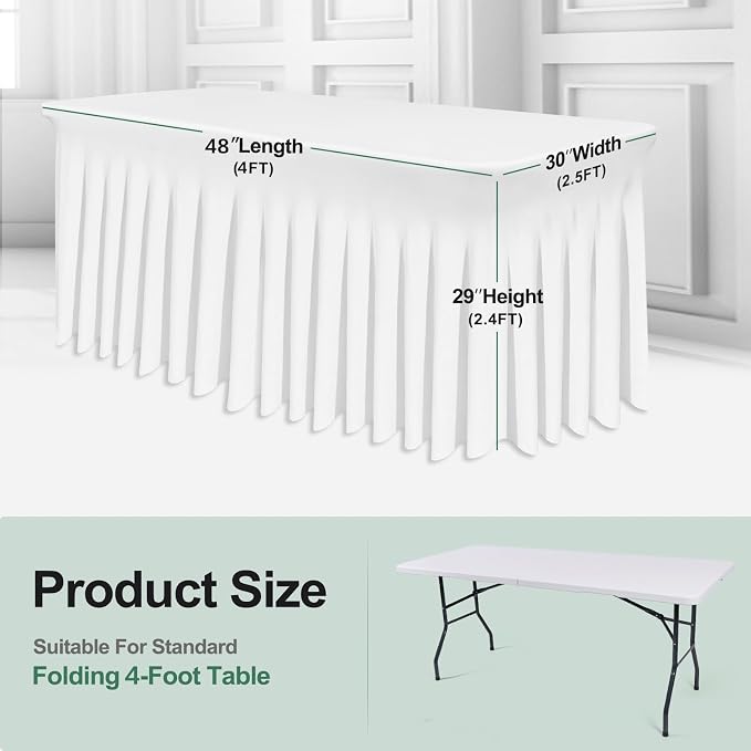 BDDC One-Piece Spandex Table Cover Skirt for 4FT Rectangle Tables | GRS-Certified Eco-Friendly Fabric, Elastic Fitted Ruffle Tablecloth, Washable, For Banquets, Weddings & Parties