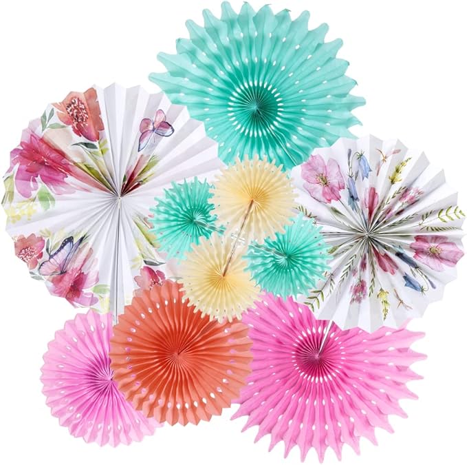 SUNBEAUTY Pack of 10 Paper Fans Decorations for Tea Party, Birthday, Baby Shower, Wedding, Spring; Paper Floral Backdrop Decor; Mint Green, Pink, White