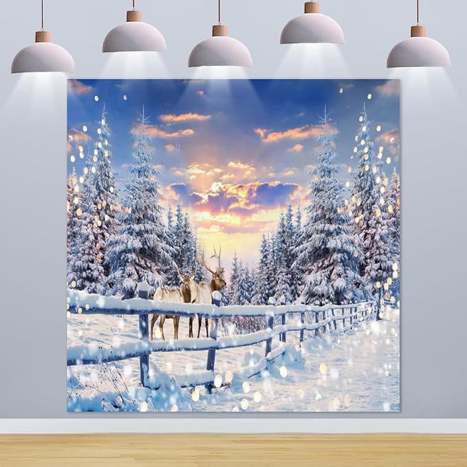 Winter Wonderland Christmas Backdrop 10x10ft for Photography Forest Reindeer Snow Winter Scene Backdrop for Pictures Christmas Party Holiday Background Decorations Photo Booth