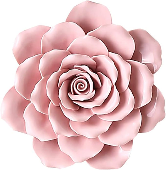 Rose Ceramic Flower Wall Décor Artificial 3D Flower Wall Art for Living Room Home Hallway Bedroom Kitchen Farmhouse Bathroom Dining Room, Pink, 5.9 inch