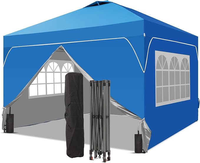 10x10FT Canopy Tent, 1-Button Push Instant Pop Up Canopy with 4 Sandbags, Easy Setup Outdoor Gazebo Shelter (Blue, 10x10 with Sidewalls)