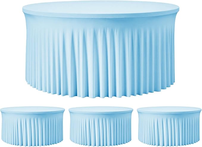 4 Pack Baby Blue 60 inch Round Spandex Tablecloth,Wrinkle-Free Stretchy Fitted 5FT Round Tables,Elastic Edge with Skirt,Washable Tablecloths for Wedding Banquet Party Birthday Buffet