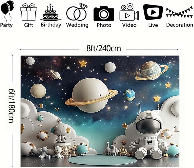 Outer Space Universe Astronaut Birthday Party Decor Backdrop Boy 1st Birthday Balloons Party Photography Background Boy Girl Baby Shower Background Studio Props (8x6feet)