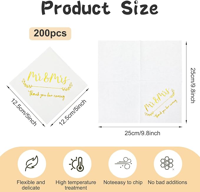 200 Pack Gold Foil Mr and Mrs Wedding Cocktail Napkins for Wedding Party Reception Dessert Cake Table Decorations Welcome to Our Beginning Disposable Napkins