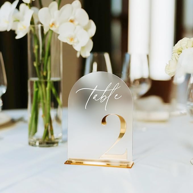 HOODO Frosted Arch Acrylic Wedding Table Numbers 1-15 with Stands, 5"x7" Arched Acrylic Signs with 3D Gold Numbers, Frosted 3D Table Numbers for Wedding Reception