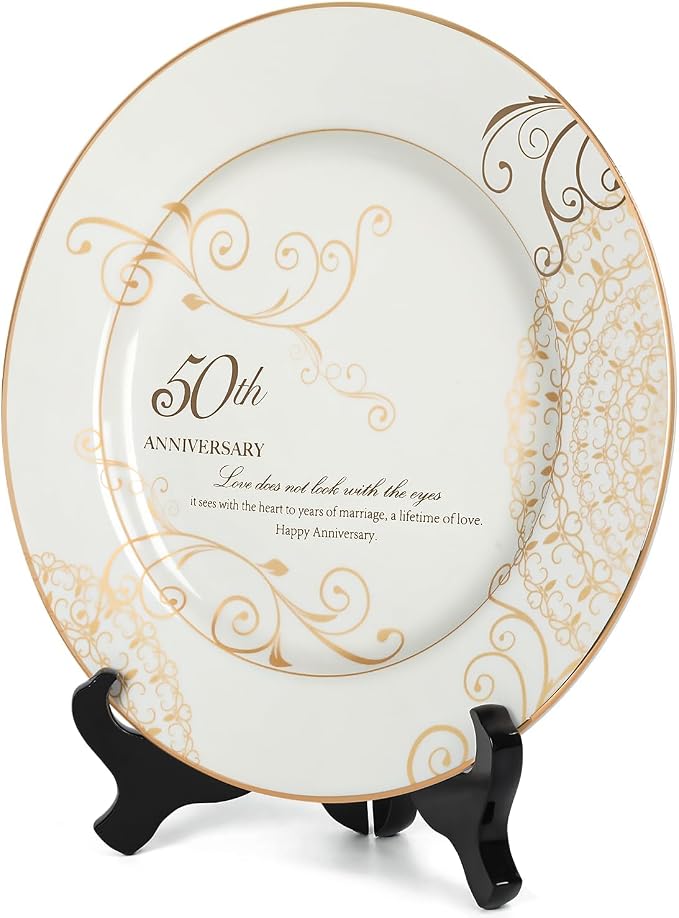 Urllinz 50th Anniversary Wedding Gifts for Couples Parents Grandparents- Golden Wedding Anniversary Keepsake Gift, 50 Year Marriage Plate with Stand, Ceramic with 24k Gold Foil, 9 inch