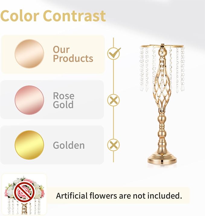 Nuptio 2 Pcs Crystal Flower Stand Wedding Centerpieces for Tables, 21.7in/55cm Tall Elegant Metal Flower Arrangement Stand, Tabletop Metal Flower Vase for Wedding Party Dinner Event Hotel Home Decor