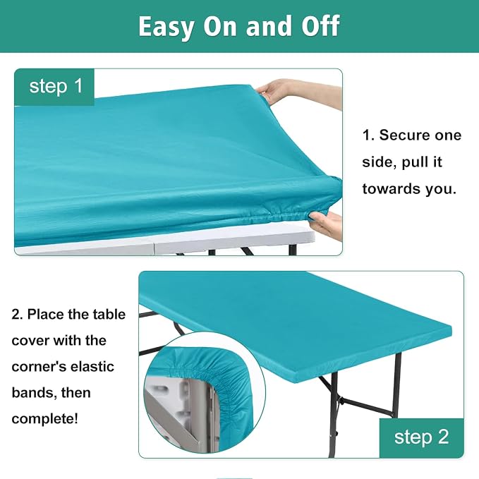 LUSHVIDA 6 Packs Vinyl Tablecloths with Flannel Backing for 8ft Rectangle Folding Table Cloths - Waterproof Plastic Picnic Table Covers with Elastic Corners, 30x96 inch, Teal