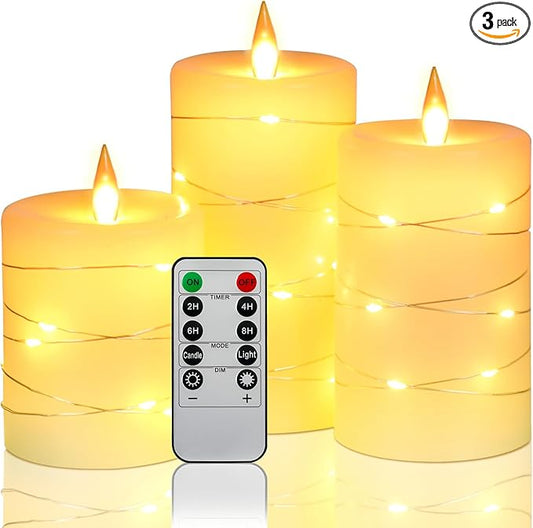 Da by Flameless Candles with String Lights，Battery Operated Candles,LED Flickering Candles with Remote Control and Timer, Real Wax, 3 Pack-Ivory