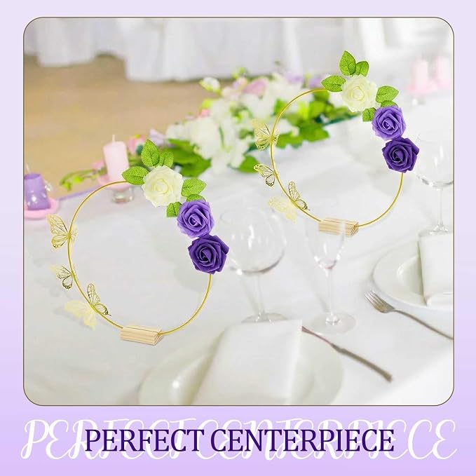 Vercraft 12 Set Butterfly Metal Floral Hoop Table Centerpieces, Metal Ring with 3D Butterfly Decor, PE Foam Flower, Adhesive Dot, Gold Wires for DIY Wedding Party (White, Purple, Purple,Round)