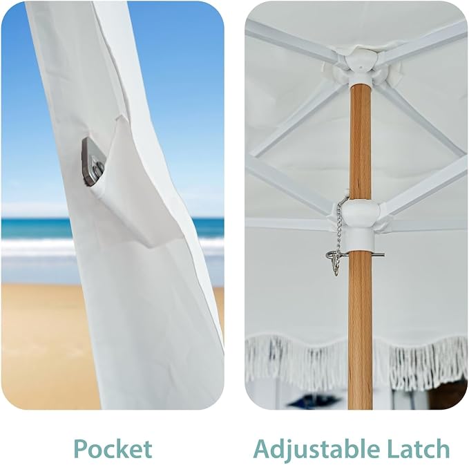 AMMSUN Beach Cabana with Blanket, 7' x 7' Boho Canopy with Tassels, Premium Wood Pole, Fringe Cabana Tent with Sand Pockets, Instant Sun Shade for Sand, Garden, Outdoor, Elegant White