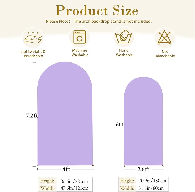 Lavender Arch Backdrop Cover Set of 2-7.2 and 6ft Lilac Light Purple Arch Covers Stretchy Backdrop Spandex Baby Shower Arch Stand Covers for Girls Birthday Party Wedding Bridal Shower Photo Background