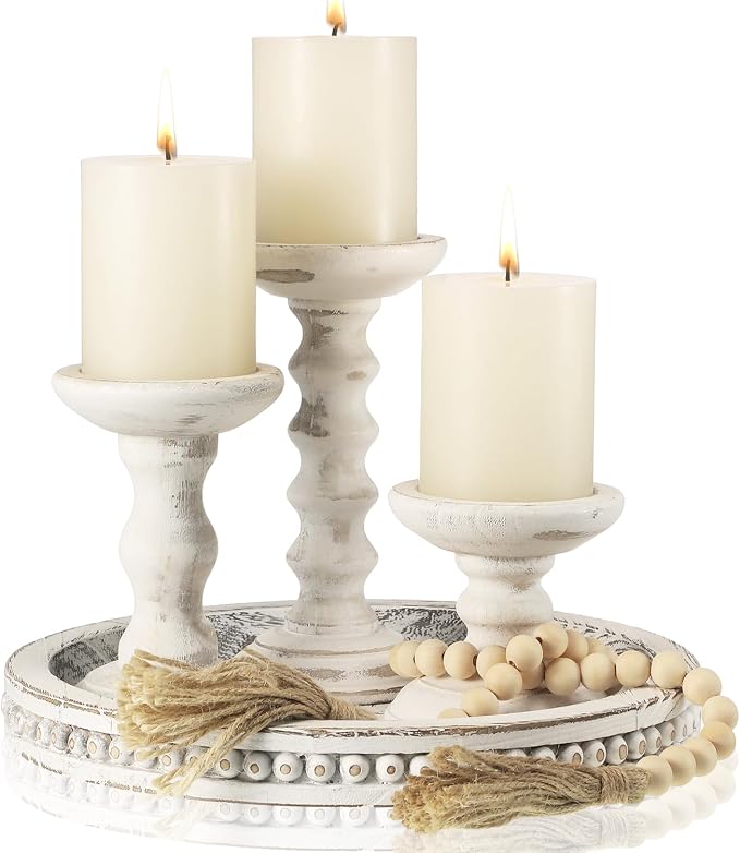 Reallnaive 8 Pcs Farmhouse Wood Candle Holders with Pillar Candles Set Wooden Rustic Candle Holders Round Decorative Serving Tray Bead Garland with Natural Wood Tassels for Table Centerpiece(White)