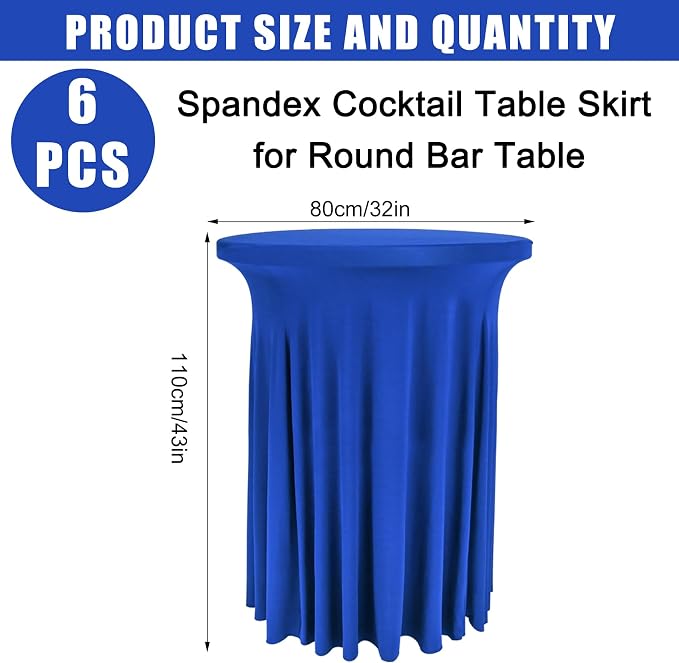 Fivenl 6 Pack Round Cocktail Tablecloth 32"x 43" Spandex Cocktail Table Skirt, Washable Stretch Fitted Table Covers for High Top Bar,Wedding,Party,Events (Royal Blue)