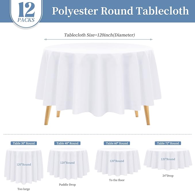 Pesonlook 12 Pack White Round Tablecloth-120 Inch Polyester Round Table Cover White Tablecloths Washable Fabric Table Cover for Wedding/Party/Banquet/Dining/Buffet Table