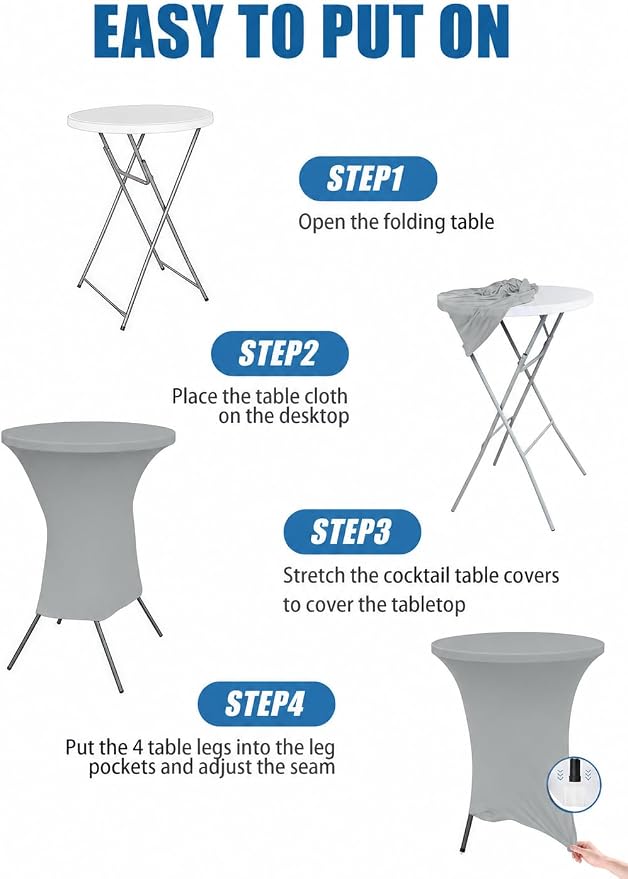 Cocktail Table Covers - 2 Pack 32x43 Inch Table Cloth - Light Grey Fitted Stretch Spandex Round High Top Tablecloth for Party, Bar, Birthday, Pub, Banquet