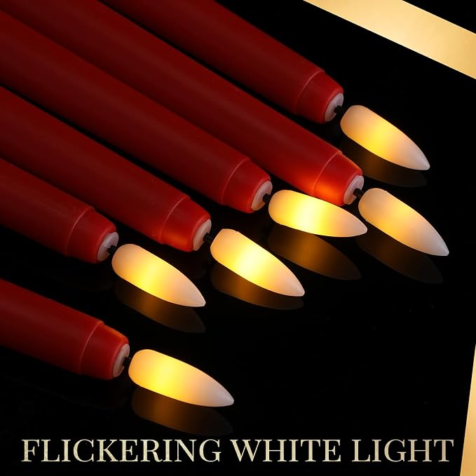 Macarrie 24 Packs Flameless Taper Candles Battery Operated Fake 11 Inch Long Candlelight LED Flameless Candlesticks Flickering Tapered for Summer Fall Wedding(Red)