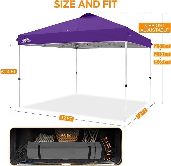 EAGLE PEAK Pop Up Canopy Tent with Wheeled Carry Bag, 8 Stakes, 4 Ropes, 4 Weight Bags, Easy Set Up Tent Canopy, 12x12 ft, 144sqft of Shade, Purple