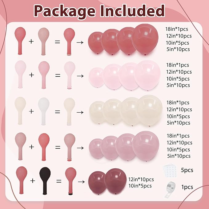 Dusty Rose Pink Balloon Arch Kit, Double Stuffed Pastel Light Pink Balloons With Peach Blush Beige Light Muave Balloon for Birthday Wedding Graduation Party Decorations