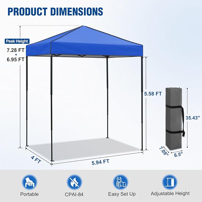 6x4 Pop Up Canopy Tent, Instant Portable Beach Canopy, Outdoor Tent with Carry Bag for Camping, Sports, Tailgating, Events, Blue