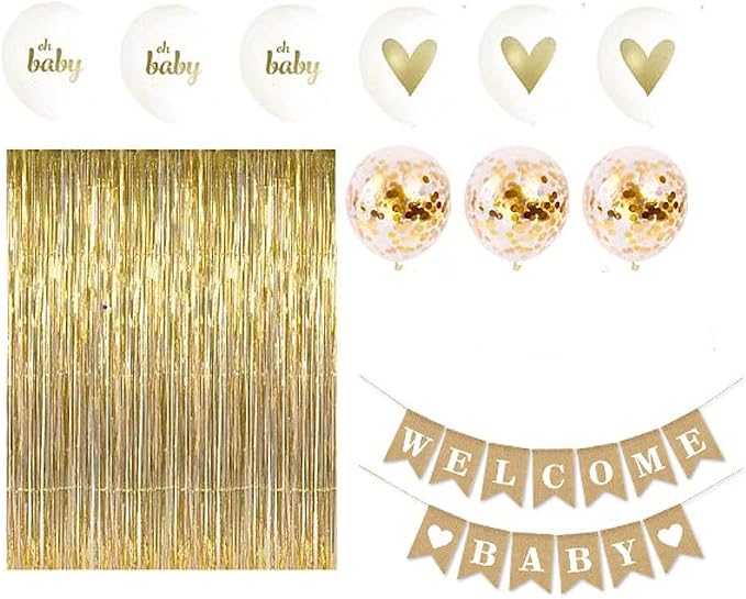 Gold Baby Shower Decorations Set for Girl or Boy Kit, Rustic Welcome Baby Banner in Burlap, 2 Gold Metallic Curtains, Balloons and Table Banner