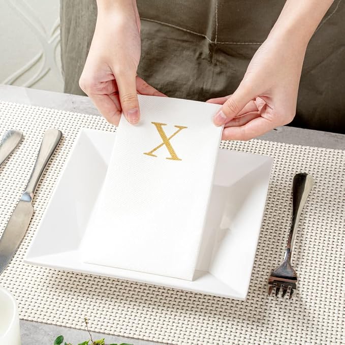 Luxenap 15.8 X 7.9 Inch Linen-Feel Guest Towels, 50 Lettered Hand Towels - Gold Letter 'X', Sans Serif Font, White Paper Dinner Napkins, airlaid, For Restrooms And Tables - Restaurantware