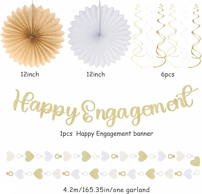 Happy-Engagement Wedding Banner Just-Engaged Party-Decorations - 22pcs White Champagne Gold Paper Lanterns Streamers,Tissue Paper Pom Poms Flowers Fans Garland Decor Sign Backdrop Hugmoon