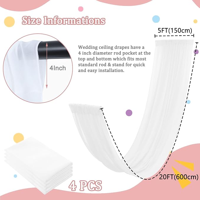 FOTSHARER Ceiling Drapes for Weddings White Ceiling Drapes 5x20FT Wide 4 Panels Tulle Curtain Panels Ceiling Ceiling Fabric Draping Fabric for Bedroom Ceremony Chiffon Curtain Backdrop Decorations