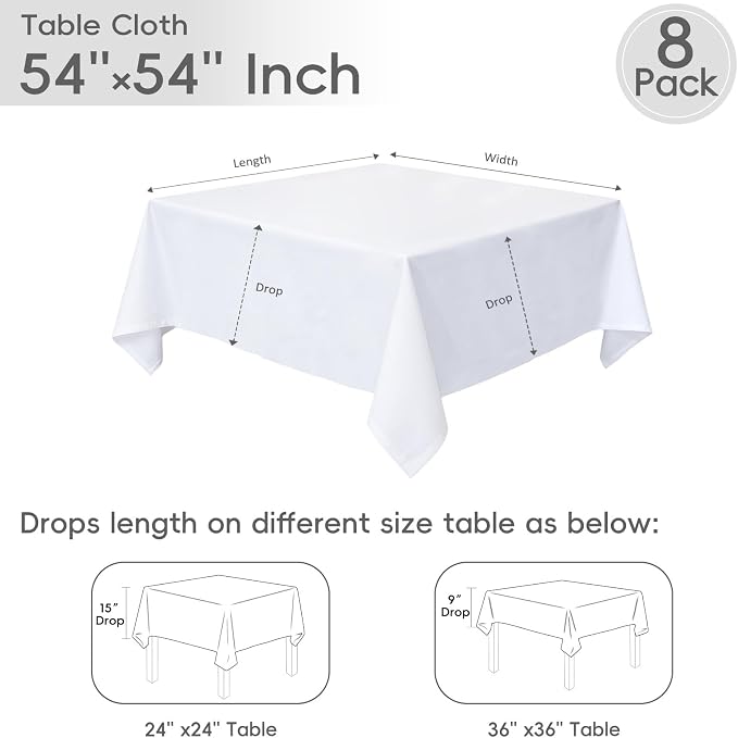 8 Pack White Square Tablecloth 54x54 Washable Polyester Table Cloth for Square or Round Tables, Wrinkle Resistant Fabric Decorative Covers for Dining Party Banquet Buffet and Wedding