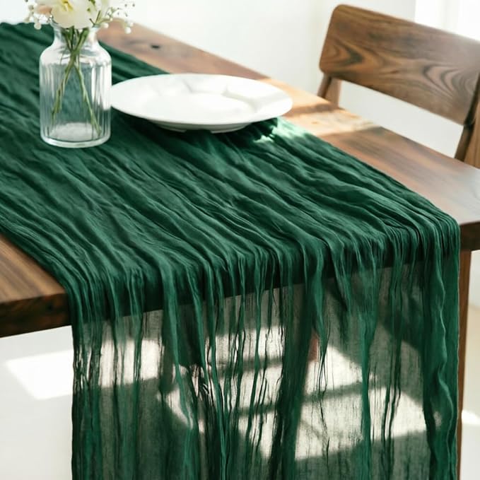 LINXTAR Emerald Green Cheesecloth Table Runner 120 Inches 10Ft Gauze Summer Boho Table Runner for Wedding Tea Party Baby Shower Bridal Birthday Home Decoration
