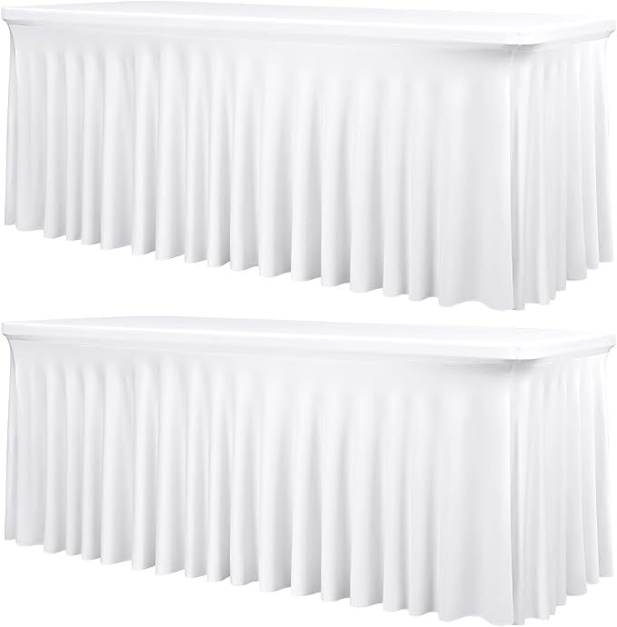 2 Packs White Stretch Table Skirts for 6 Foot Rectangle Table, Washable Spandex Stretch Tablecloths with Skirt, Wrinkle Resistant Fitted Tablecover for Wedding Party Banquet