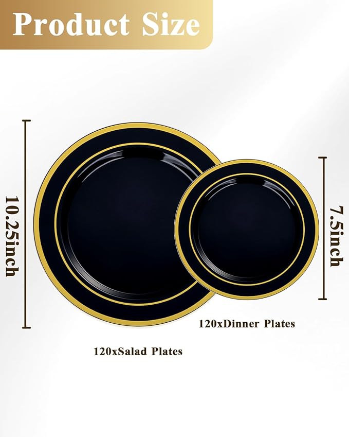 Goodluck 120PCS Black Plastic Plates with Gold Rim, Heavy Duty Disposable Black Plates with 60 10.25 inch Dinner Plates and 60 7.5 inch Dessert Plates for Party, Holiday, Wedding