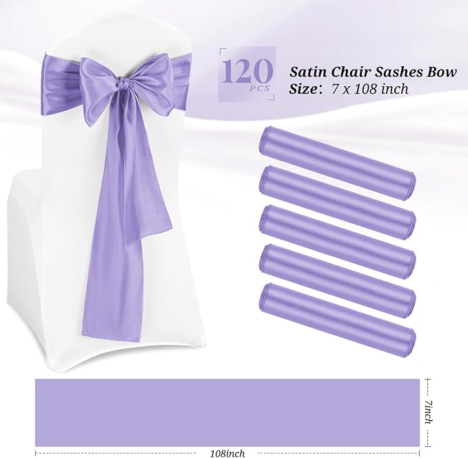 120 PCS Lavender Satin Chair Sashes Bows Purple Satin Chair Sashes Universal Chair Cover for Wedding Reception Restaurant Event Decoration Banquet,Party,Hotel Event Decorations (7 x 108 inch)