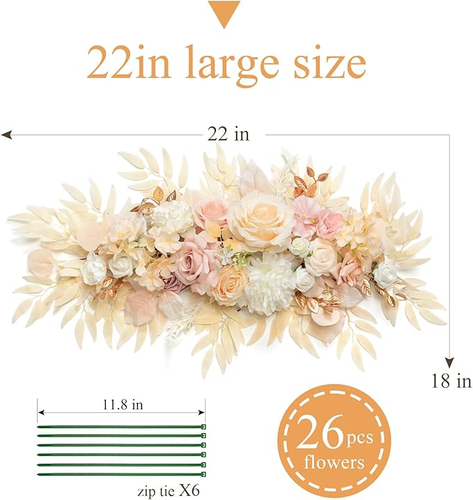 TINGE TIME Champagne Pink Flower Garlands, 2 PCS Artificial Eucalyptus Garlands, Handcraft Artificial Rose Arch Flowers for Wedding Arch Sweetheart Table Ceremony Backdrop Decorations for Home