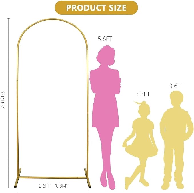 6 FT Arch Backdrop Stand, Wedding Arch Frame, Balloon Arch Stand with Base, Gold Balloon Arch Stand for Graduation, Photo Booth, Baby Showers, Birthday Party Decoration