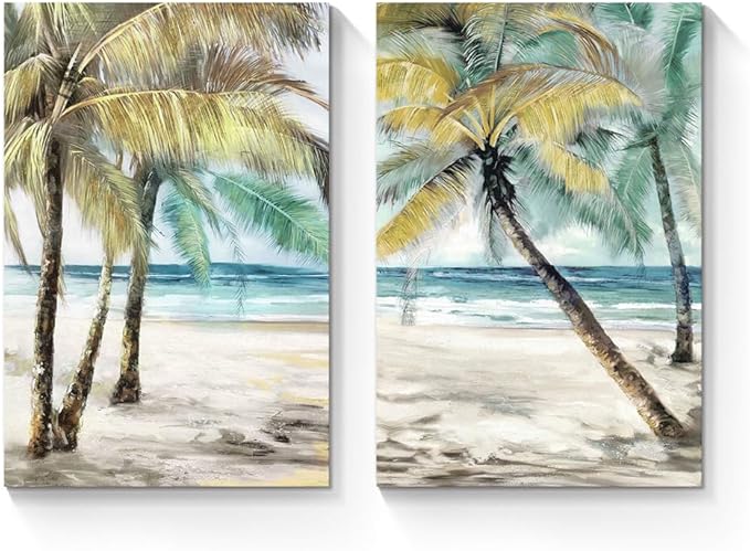 SunFlax Coastal Beach Canvas Wall Art: Palm Trees Picture Tropical Ocean Scene Artwork Abstract Seascape Painting Prints for Modern Living Room Bathroom Bedroom