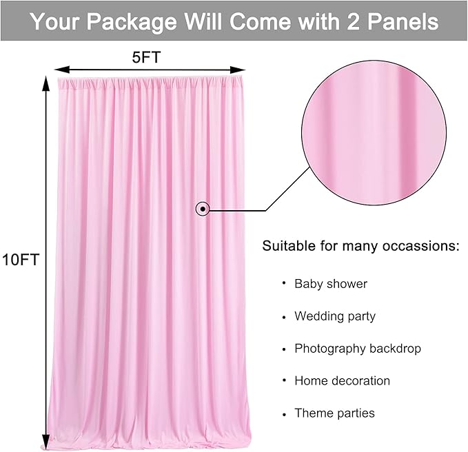 10ft x 10ft Wrinkle Free Pink Backdrop Curtains for Parties, Polyester Baby Pink Backdrop Drapes 2 Panels 5x10ft for Wedding Girl Birthday Party Photography Background