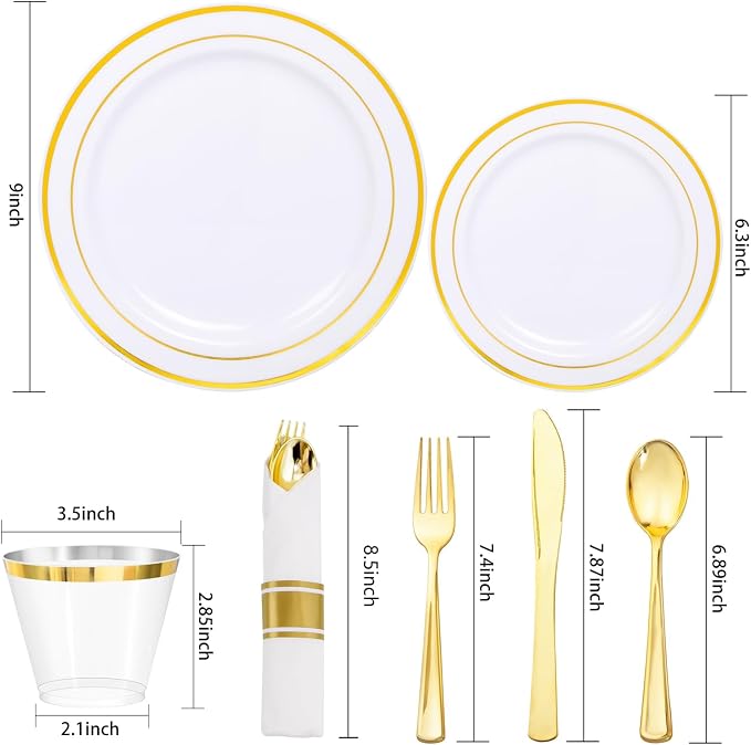 WDF Partyware 350Piece Gold Dinnerware Set for 50 Guests - Gold Plastic Plates with Disposable Cutlery - 50Dinner Plates-50Dessert Plates-50Pre Rolled Napkins with Silverware for Wedding/Birthday