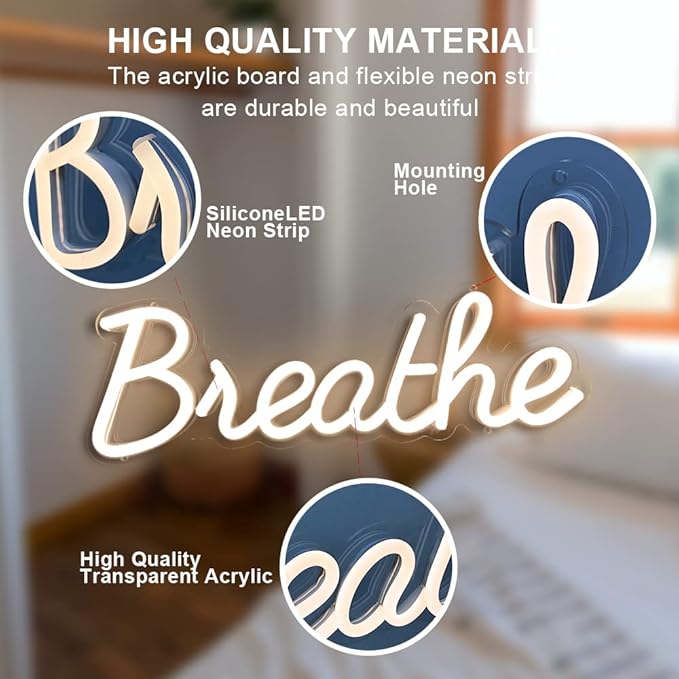 Breathe Neon Sign for Wall Decor by 5V USB Powered, Neon Breathe Signs with Dimmer Switch for Home, Yoga Studio Bedroom Readingroom, Lounge Wall Decoration Size 17x6 inches Warm White Yoga Studio Decor