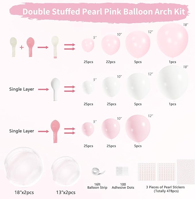 Pink Balloon Arch Kit 177Pcs Pink and White Balloon Arch Kit with Clear Double Stuffed Pearl Pink Balloons Pearl Stickers for Wedding Birthday Bridal Shower Engagement Baby Shower Party Decorations