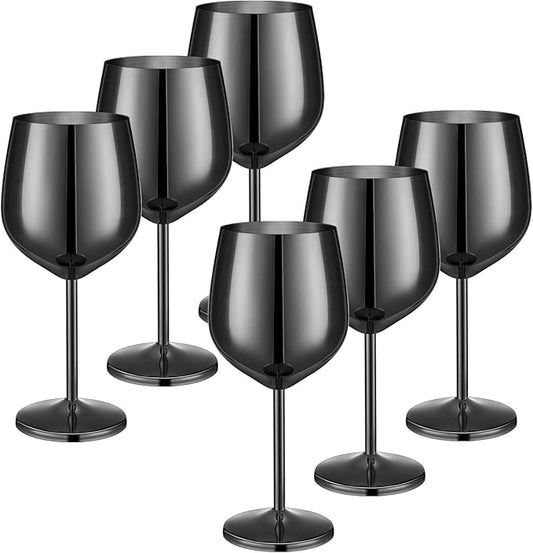 Set of 6 18 oz Stainless Steel Wine Glass Unbreakable Glasses for Travel, Camping and Pool Stemmed Metal Wine Glass Goblet for Outdoor Event Picnic Party Beach Pool Travel Wedding Anniversary (Black)